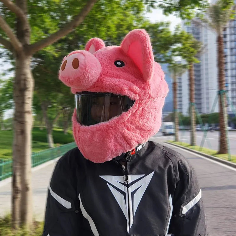 Pink pig cartoon design motorcycle helmet protective hood made from soft pv velvet cloth