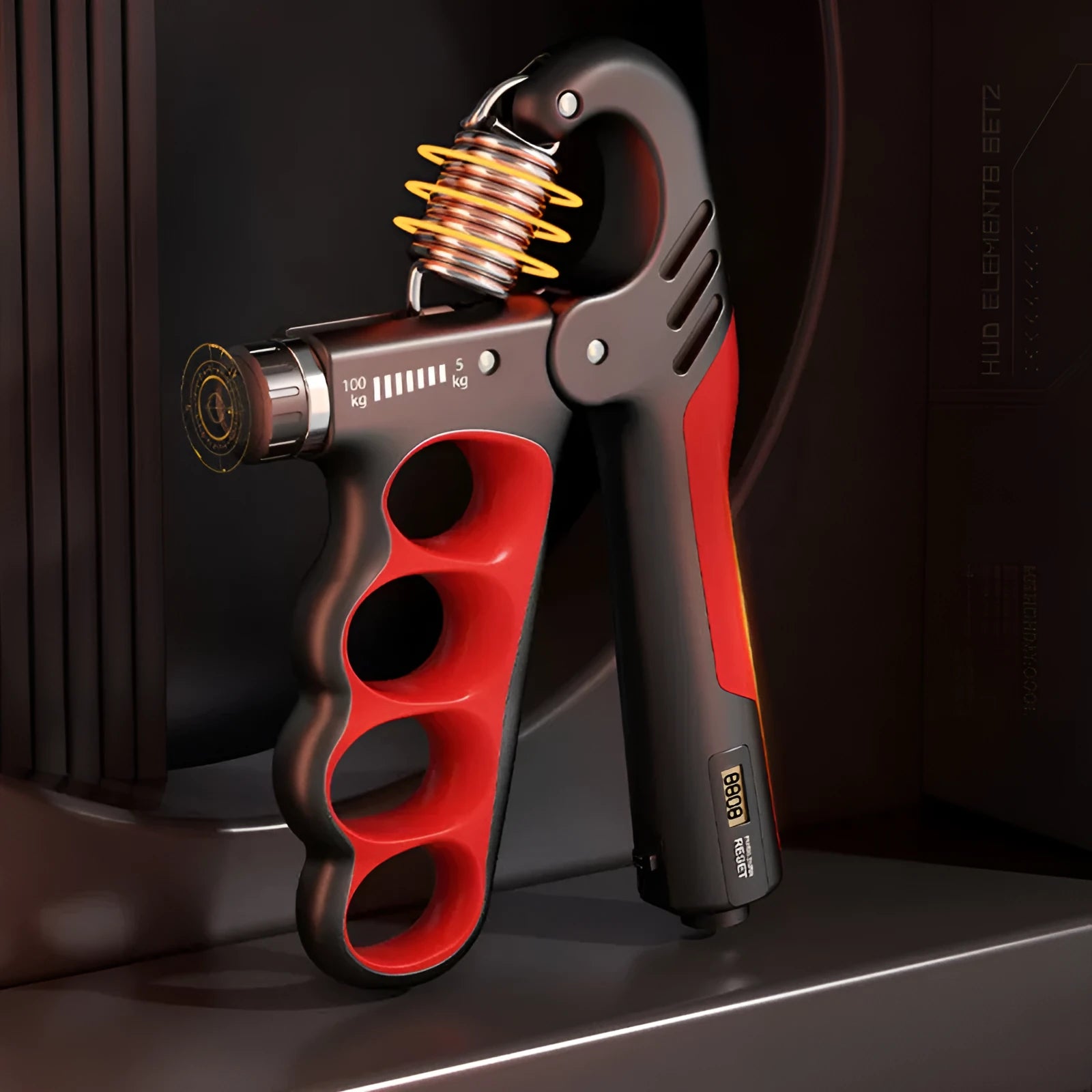 Orange electronic counter spring grip trainer held in a hand.