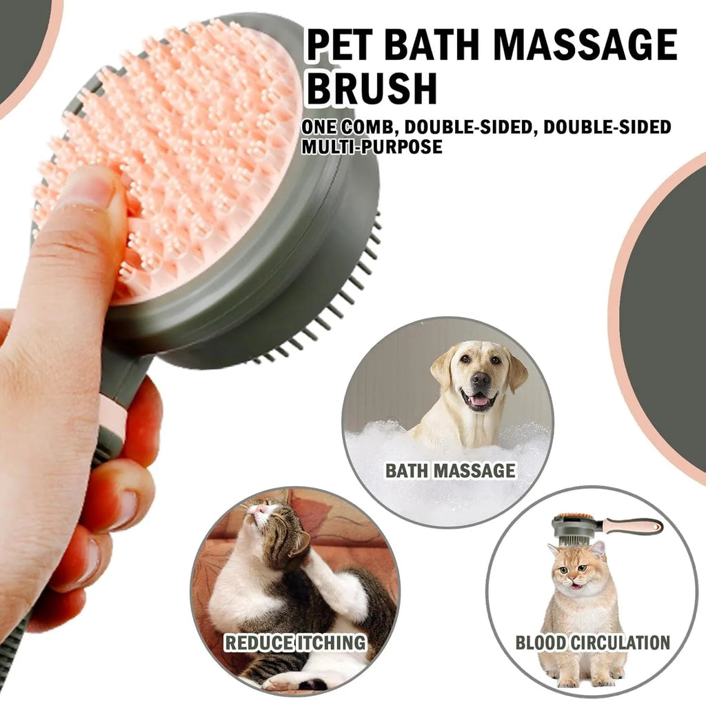 Green and pink double sided cat brush with flea comb and hair release button