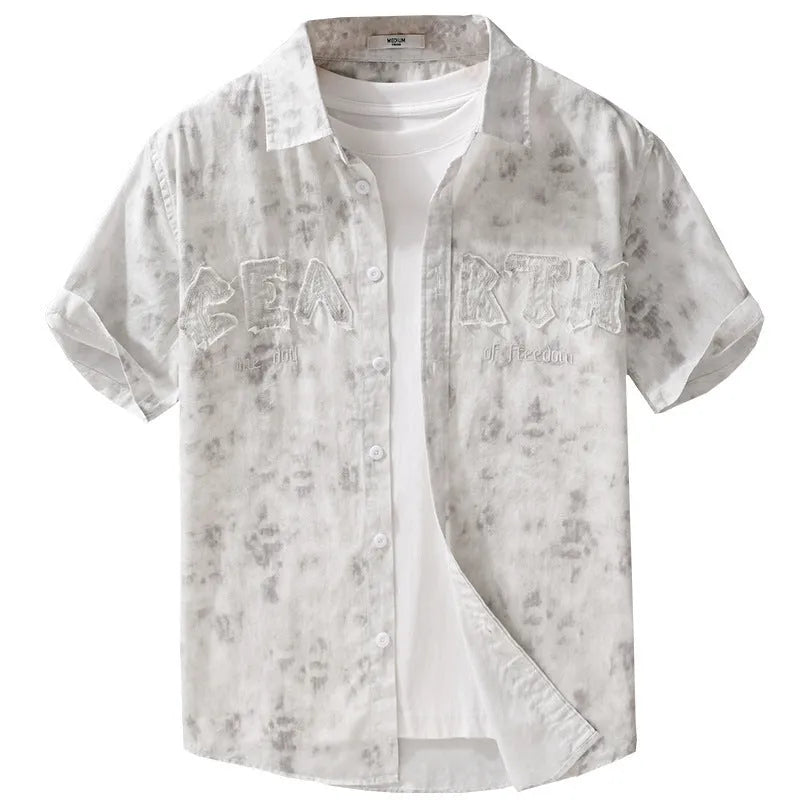 Summer menswear hanging dyed printed short sleeve cardigan in gray white, loose fit pure cotton