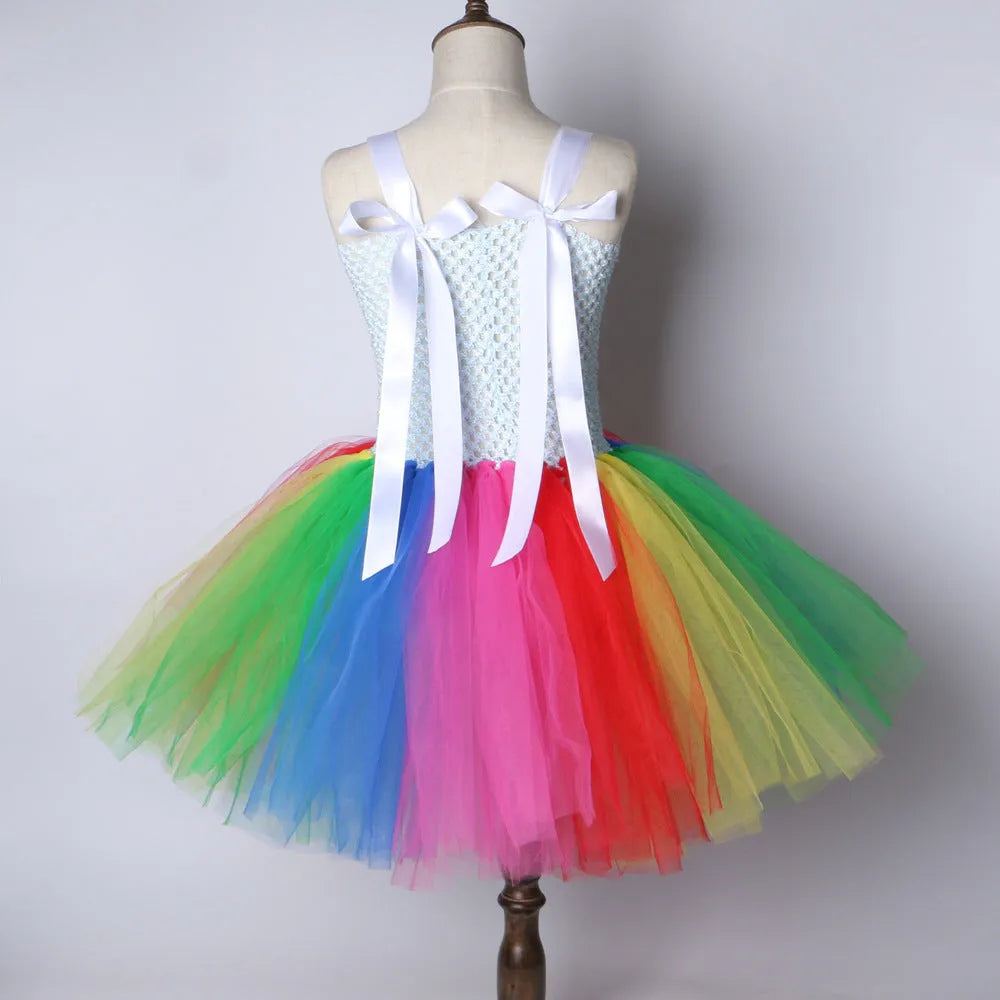 Children's net yarn rainbow show princess dress in sling style with rainbow colour matching, made from nylon and polyester lining.