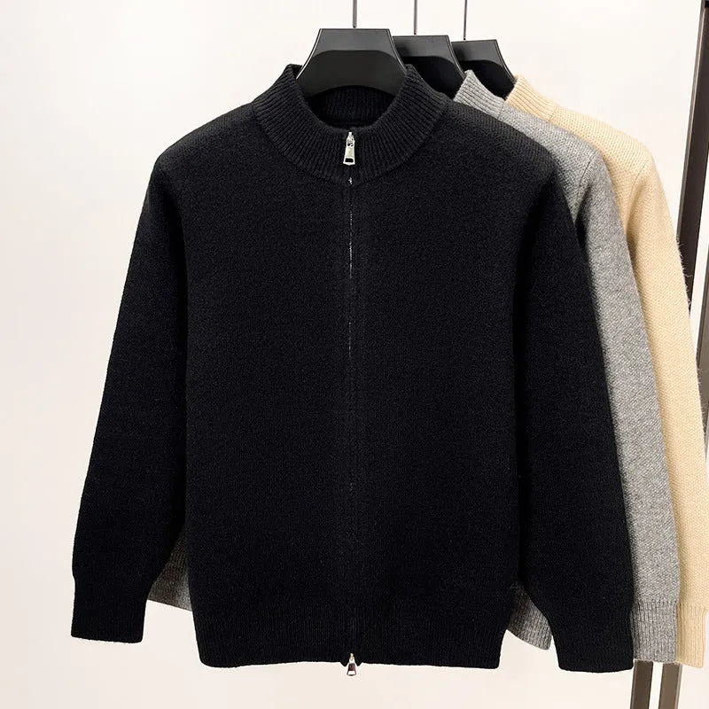 Men's loose fit grey knitted cardigan with stand collar and zip front closure