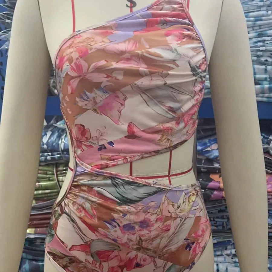Women's rose gold patterned swimsuit made from polyester fibre, available in sizes S to XXXL