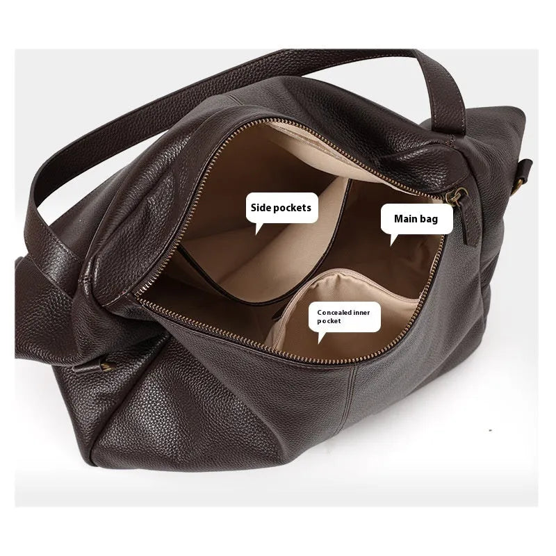 Brown genuine leather women's shoulder bag with horizontal square shape and zippered internal pocket