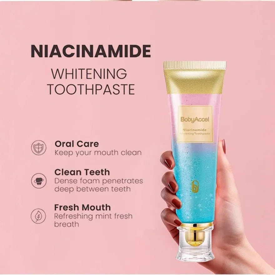 100g tube of nicotinamide whitening toothpaste for adult men and women on a blue background.