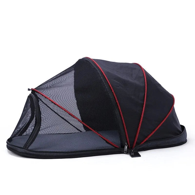 Foldable cat tent with half-mesh panels in black and blue colour options