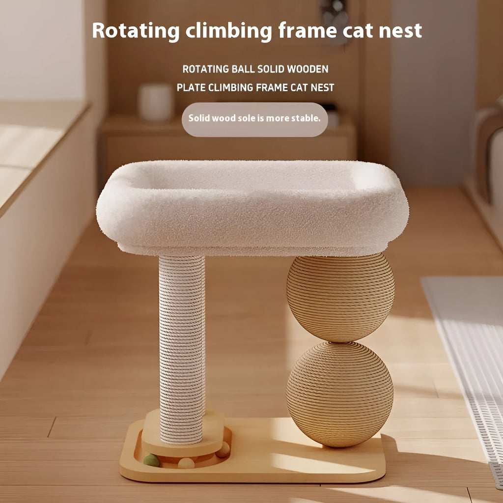 Pine wood cat nest bed with sisal fabric scratching surface and double ball chamfer columns.