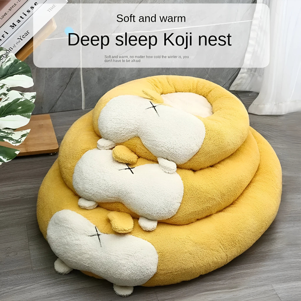 Corgi shaped plush pet bed for dogs and cats in Size L, PP cotton filled, beige and brown colours