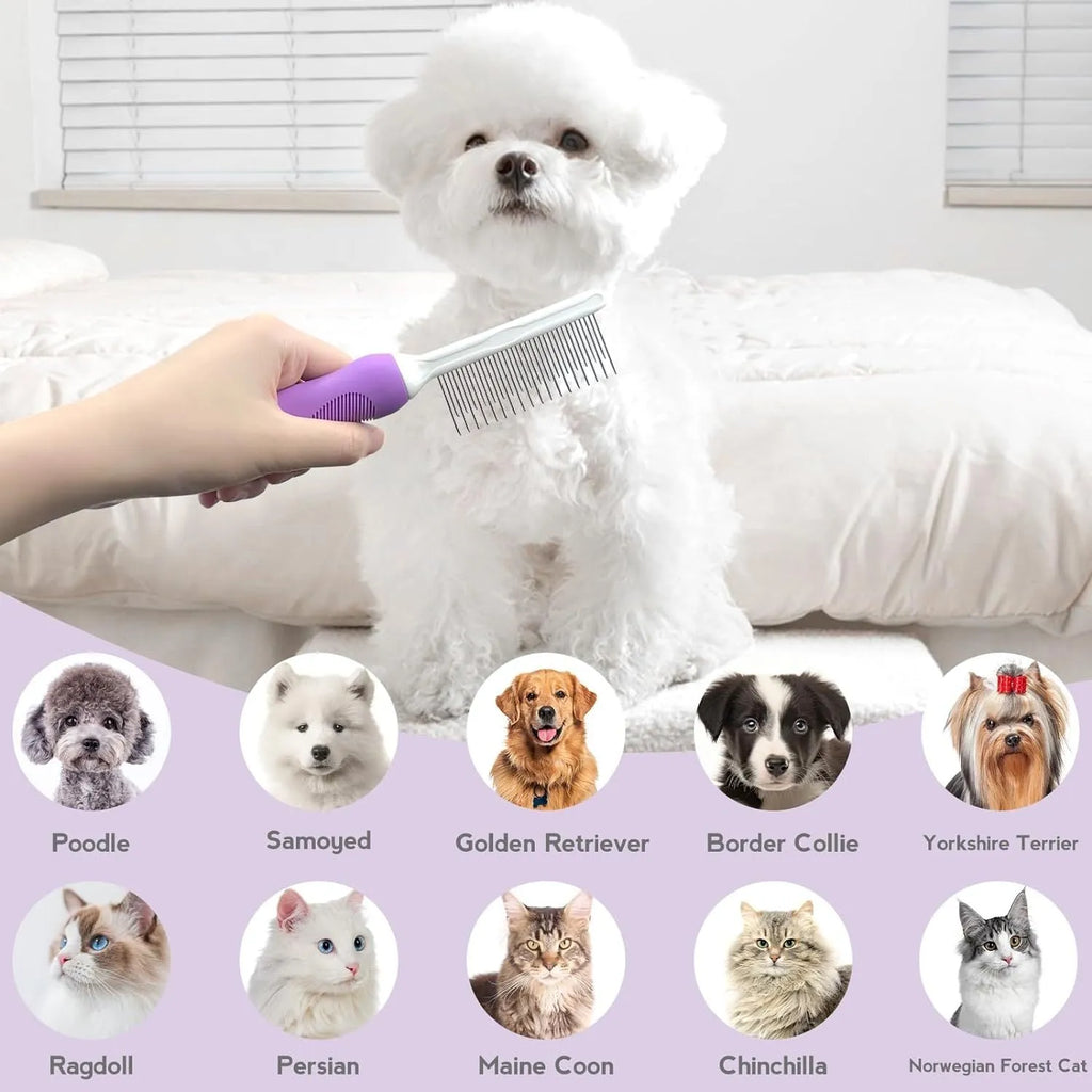 Purple pet grooming comb with stainless steel teeth for detangling cat and dog fur