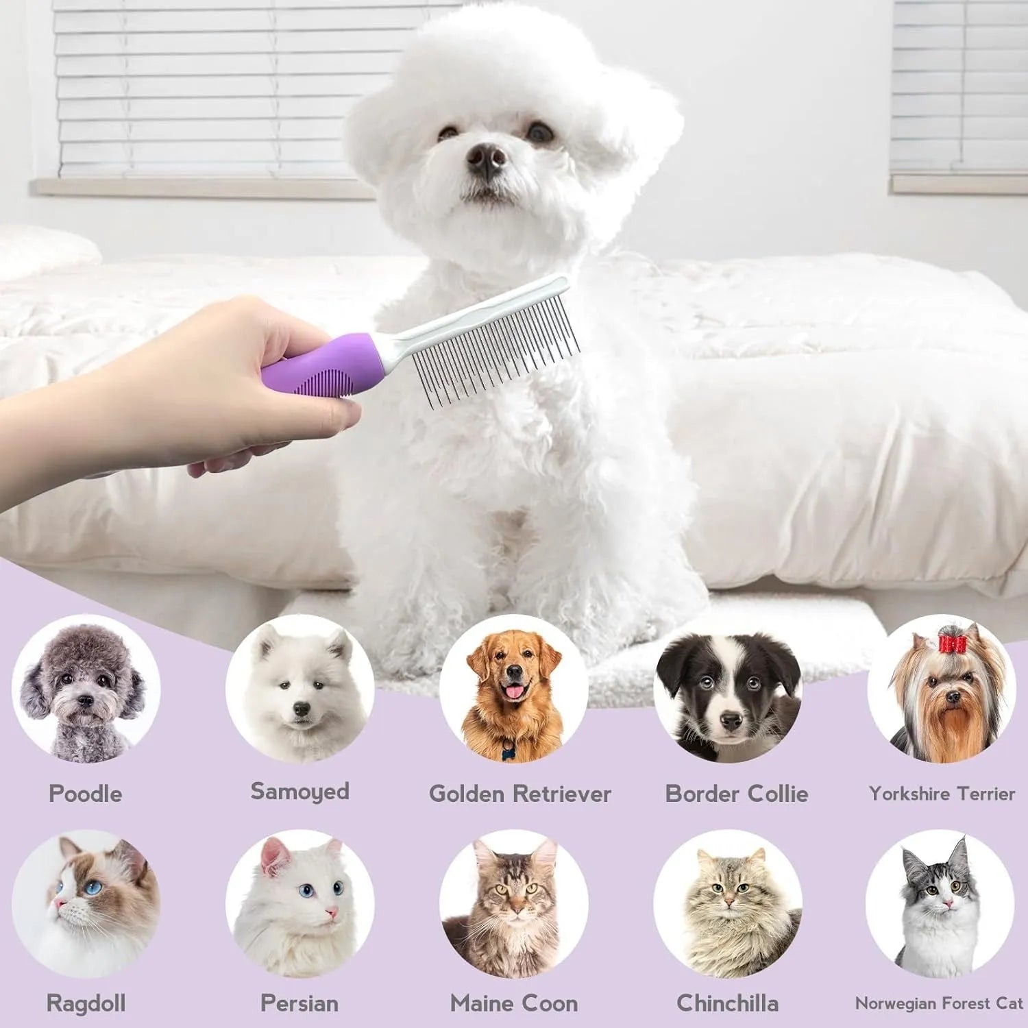 Purple pet grooming comb with stainless steel teeth for detangling cat and dog fur