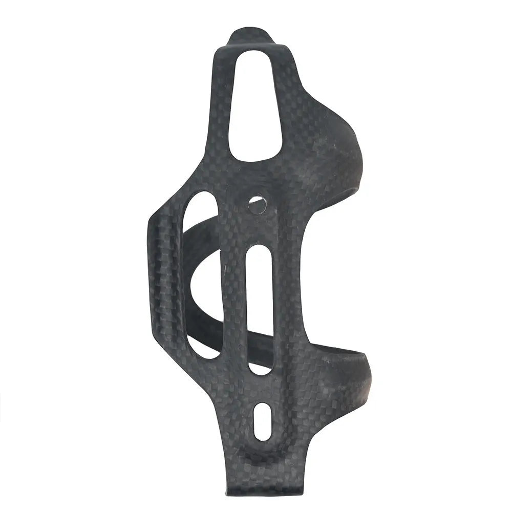 Black carbon fibre side pull water bottle cage for bicycles on a bike frame.