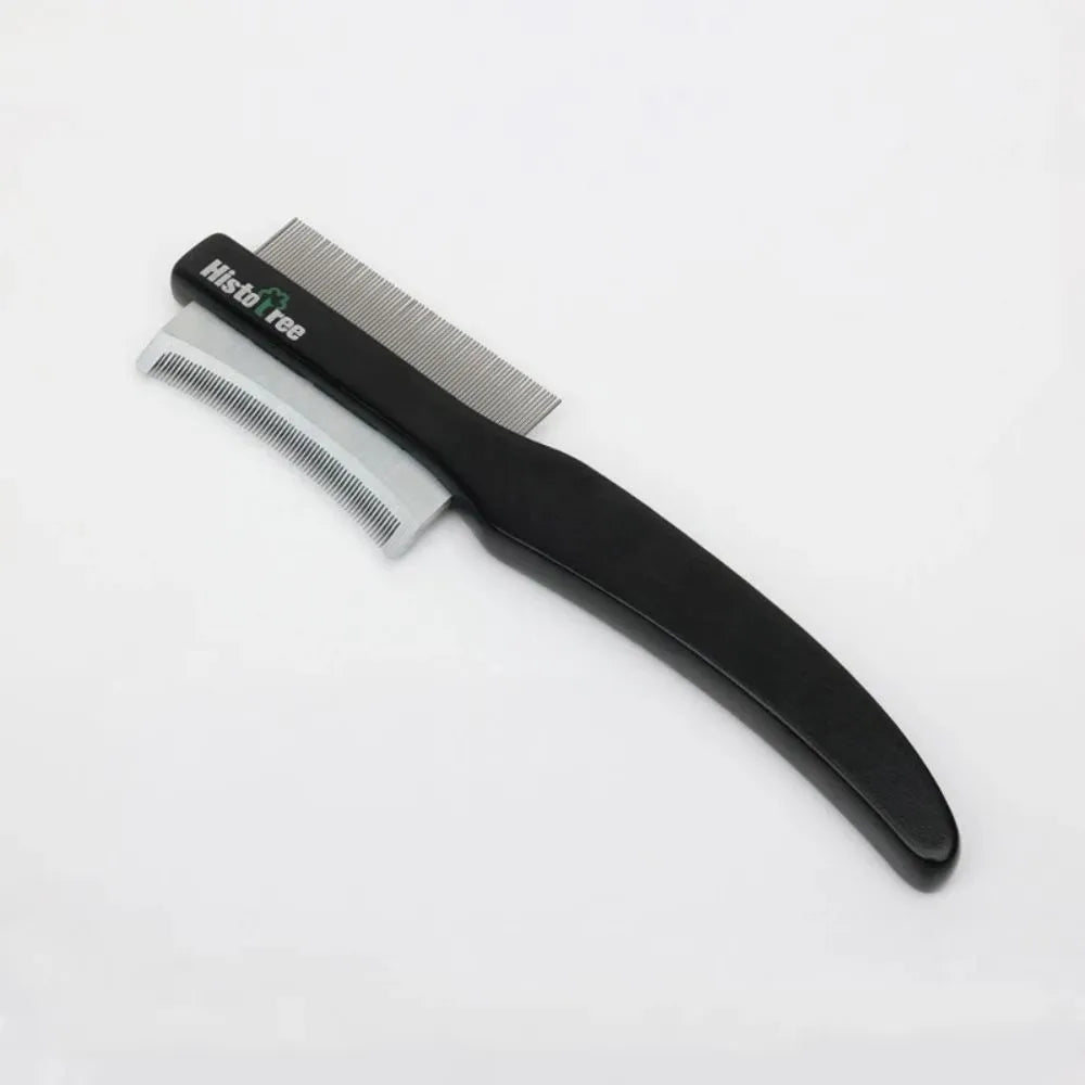 Double-sided stainless steel pet deshedding comb with wood handle for cat or dog grooming, black colour