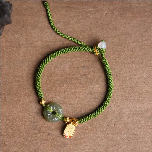 Hand-woven flexible wire bracelet with Hetian jade safety buckle in green national style
