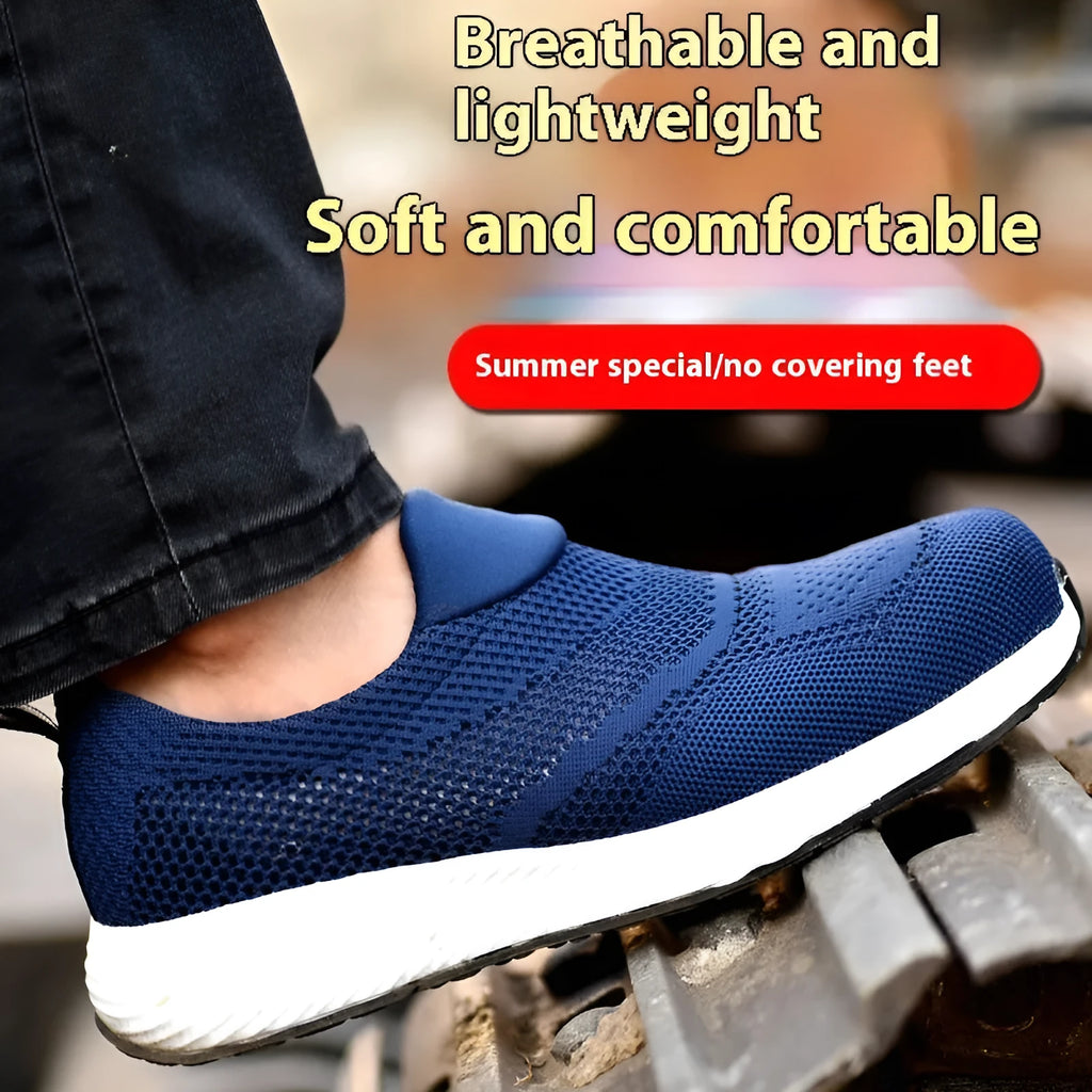 Men's lightweight anti-smash anti-puncture steel toe work shoes in black with mesh upper low-top design