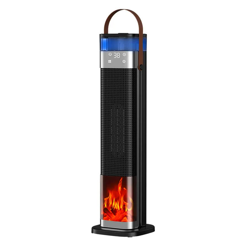 Vertical ceramic heater with humidifier and remote control on a floor