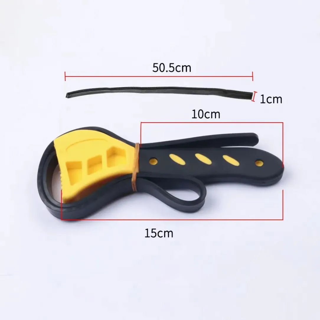 Adjustable rubber strap wrench with plastic handle, shown with 6-inch and 8-inch sizes for pipes and filters.
