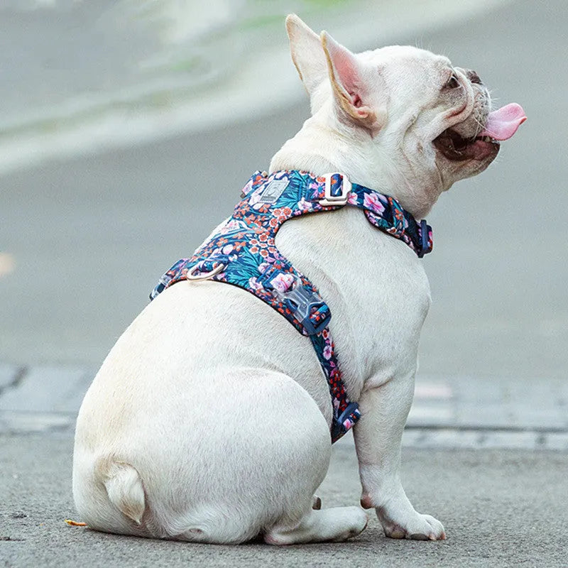 Pure cotton dog chest harness in a floral pattern, showing adjustable straps and sizing options.