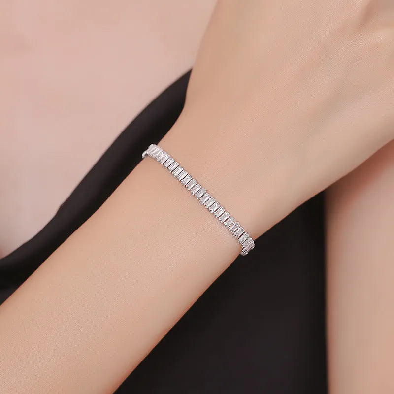 Women's brass rectangular bracelet with full diamond inlaid zircon in Champagne Gold and Silver colour options
