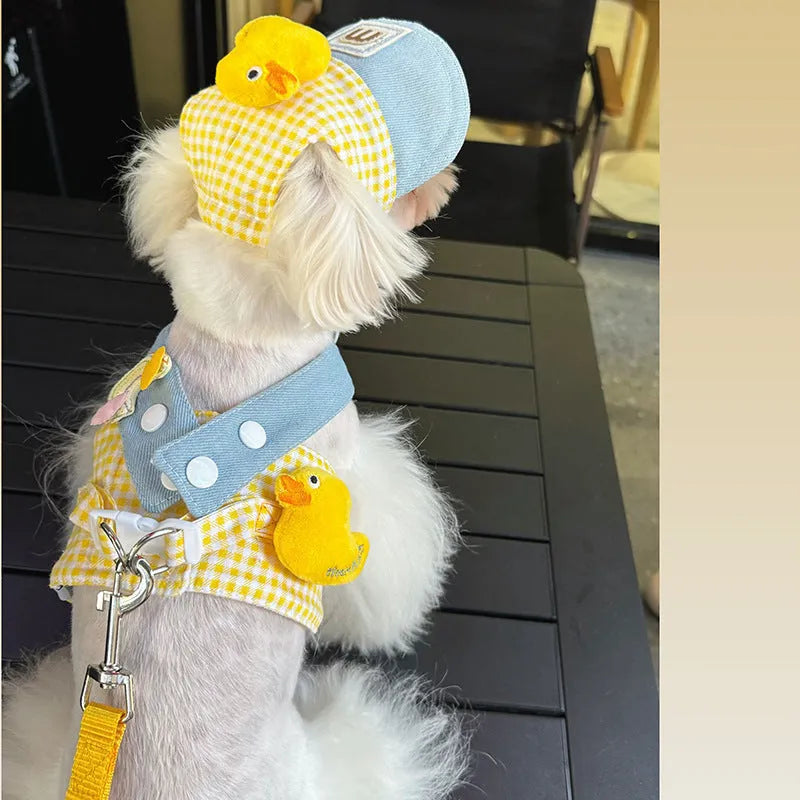 Three-piece dog harness set with leash attachment, rope toy, and matching hat for small to medium pets