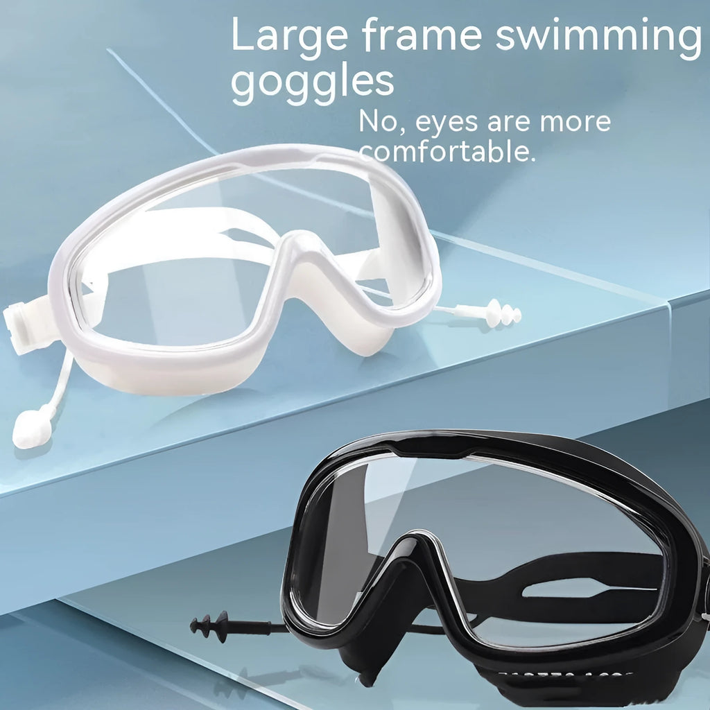 Large frame anti-fog swimming goggles in transparent blue for adults