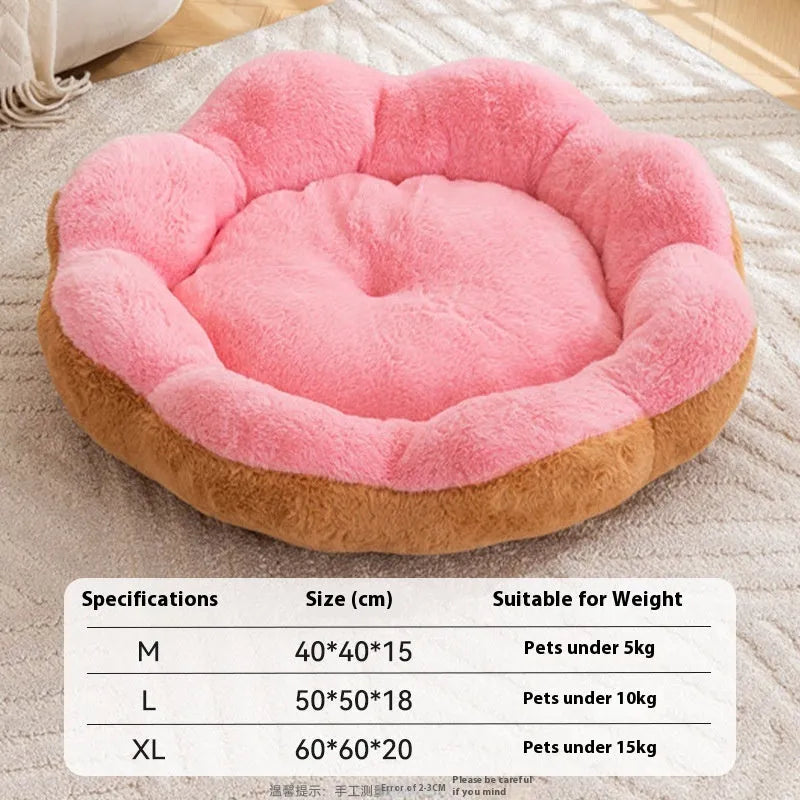 Round rabbit plush cat bed with detachable cover in yellow brown colour on grey background