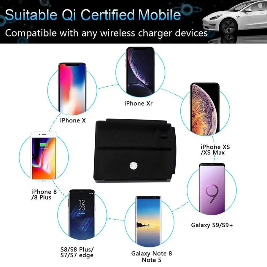 Black wireless charging storage box with Qi compatibility and base support