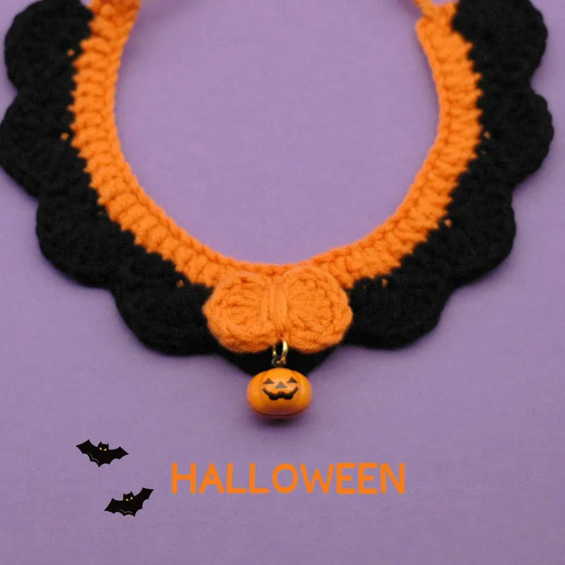 Hand crocheted wool pet collar in Bell Pumpkin colour on a cat, adjustable size for Halloween