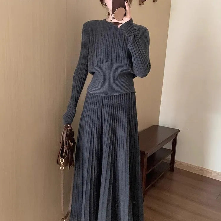 Women's dark grey knitted dress suit set with 3D pattern, artistic retro ethnic style sweater and skirt
