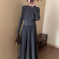 Women's dark grey knitted dress suit set with 3D pattern, artistic retro ethnic style sweater and skirt