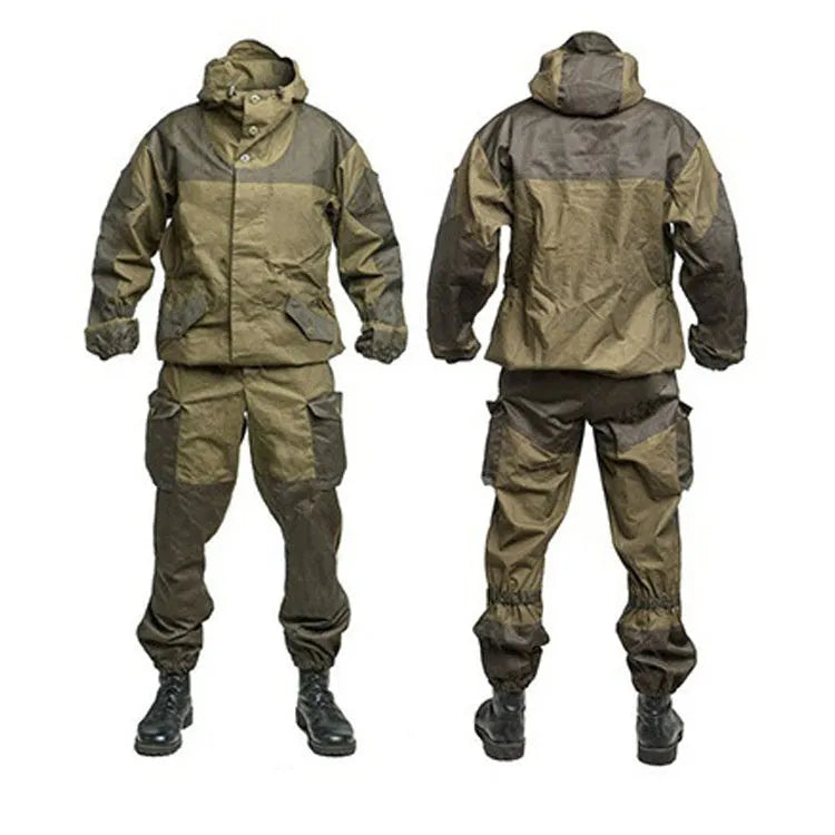 Men's special forces tactical jacket and trousers set in olive green, shown in an outdoor setting.