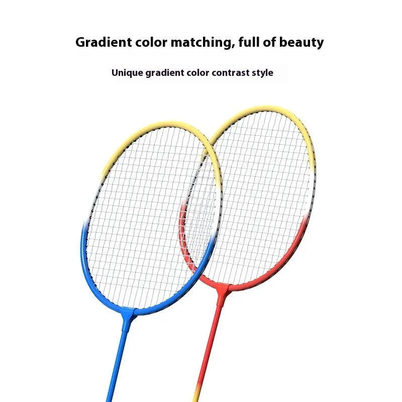 A pair of blue and red alloy badminton rackets with a split design for portability.