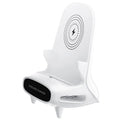 White portable mini chair wireless charger stand with Type-C input and Qi fast charge capability on a desk