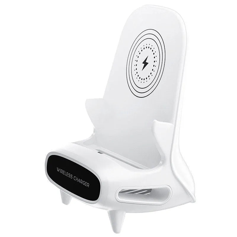 White portable mini chair wireless charger stand with Type-C input and Qi fast charge capability on a desk
