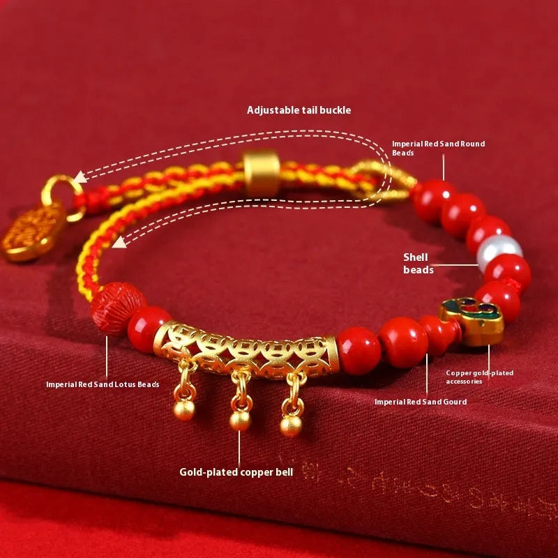 Hand-woven cinnabar red rope bell-bracelet with round geometry national style design