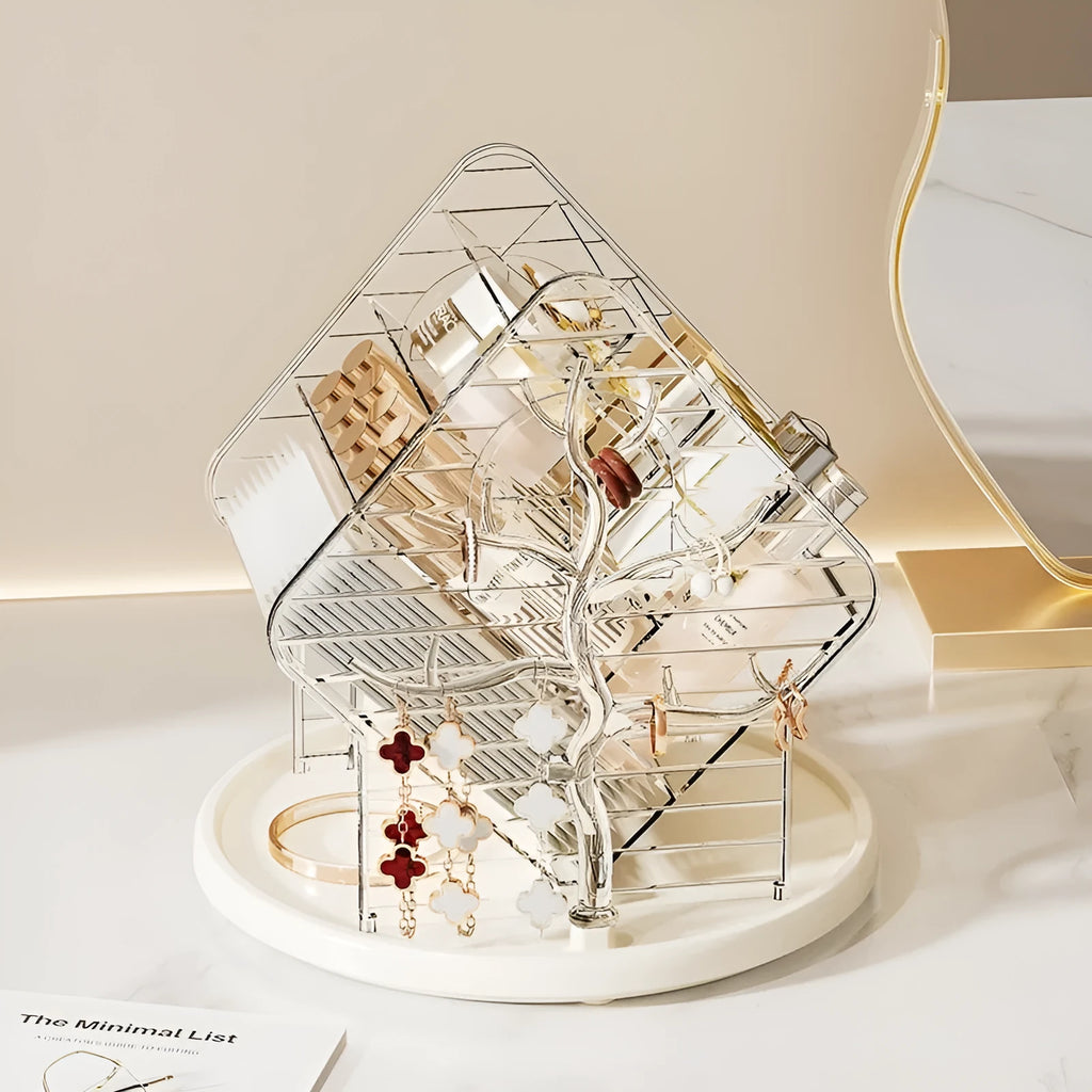 Rotating cosmetics storage box showing 360° rotation mechanism in clear and amber gold colour options