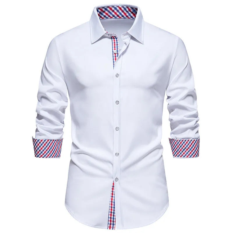 Men's loose plaid stitching casual long-sleeved shirt in polyester fibre, available in black, cardigan style.