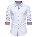 Men's loose plaid stitching casual long-sleeved shirt in polyester fibre, available in black, cardigan style.