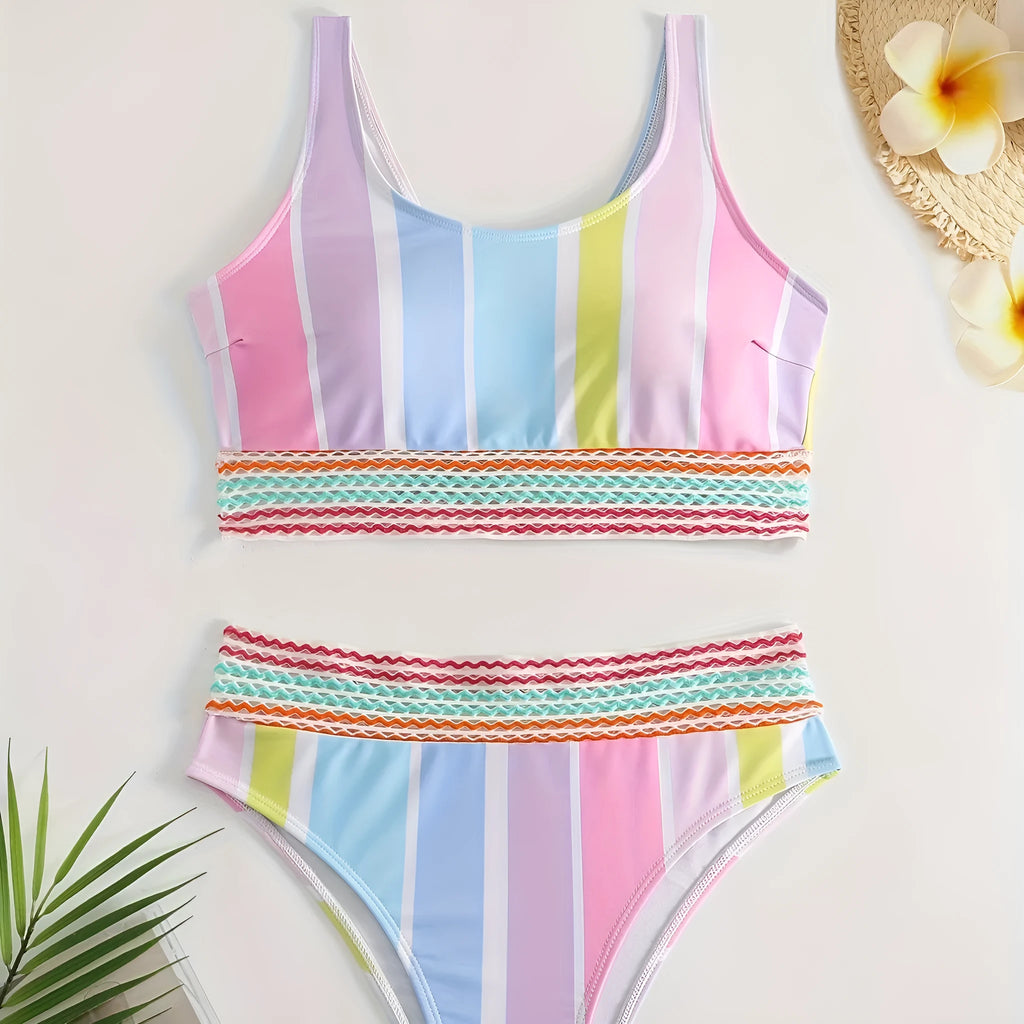 Women's striped bikini swimwear set with top and briefs for swimming and water sports
