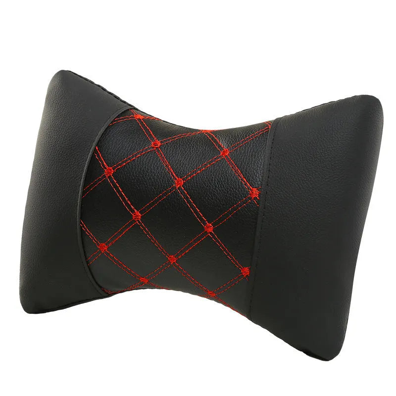 Black quilted artificial leather car headrest pillow with choice of coloured stitching for cervical support