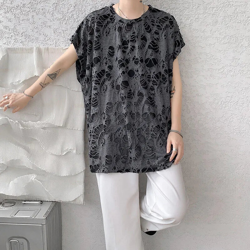 Black ripped beggar sleeveless wide shoulder vest loose pullover Japanese retro hole design polyester fibre top
