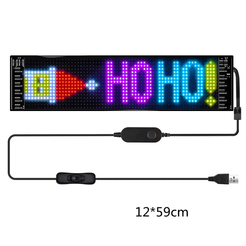 Programmable car LED sign with full-colour display showing custom text and patterns, 16x32 resolution, 7x17cm screen
