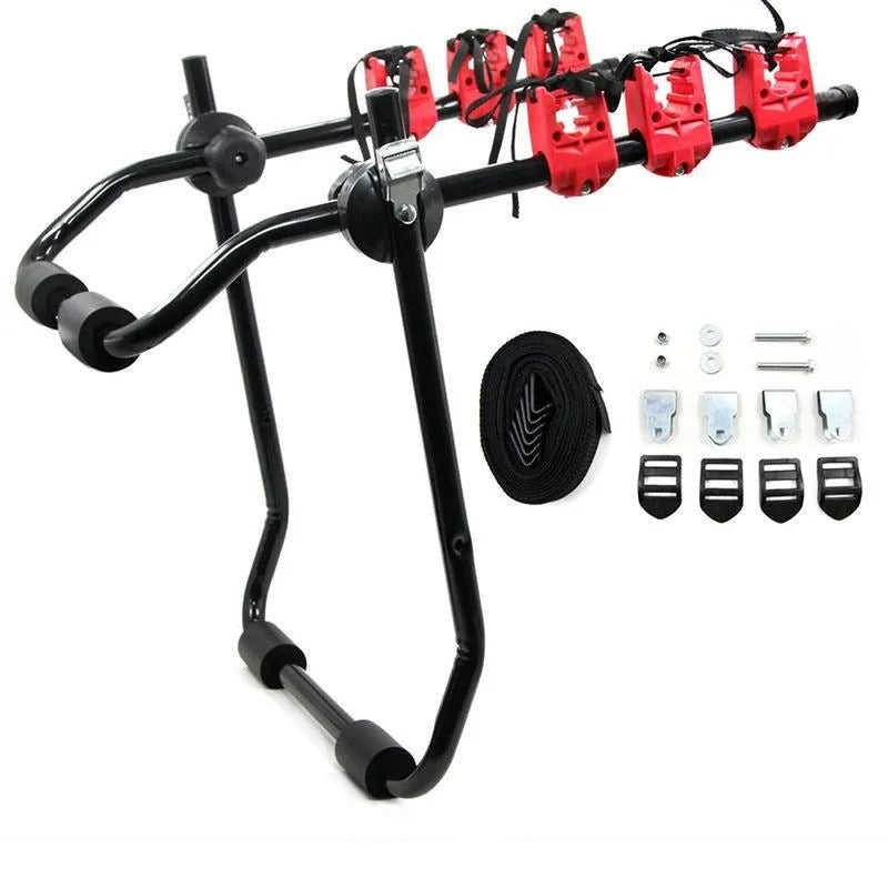 Black and red iron frame car bike rack for trunk mounting, showing tie rope and pull belt fastening styles.