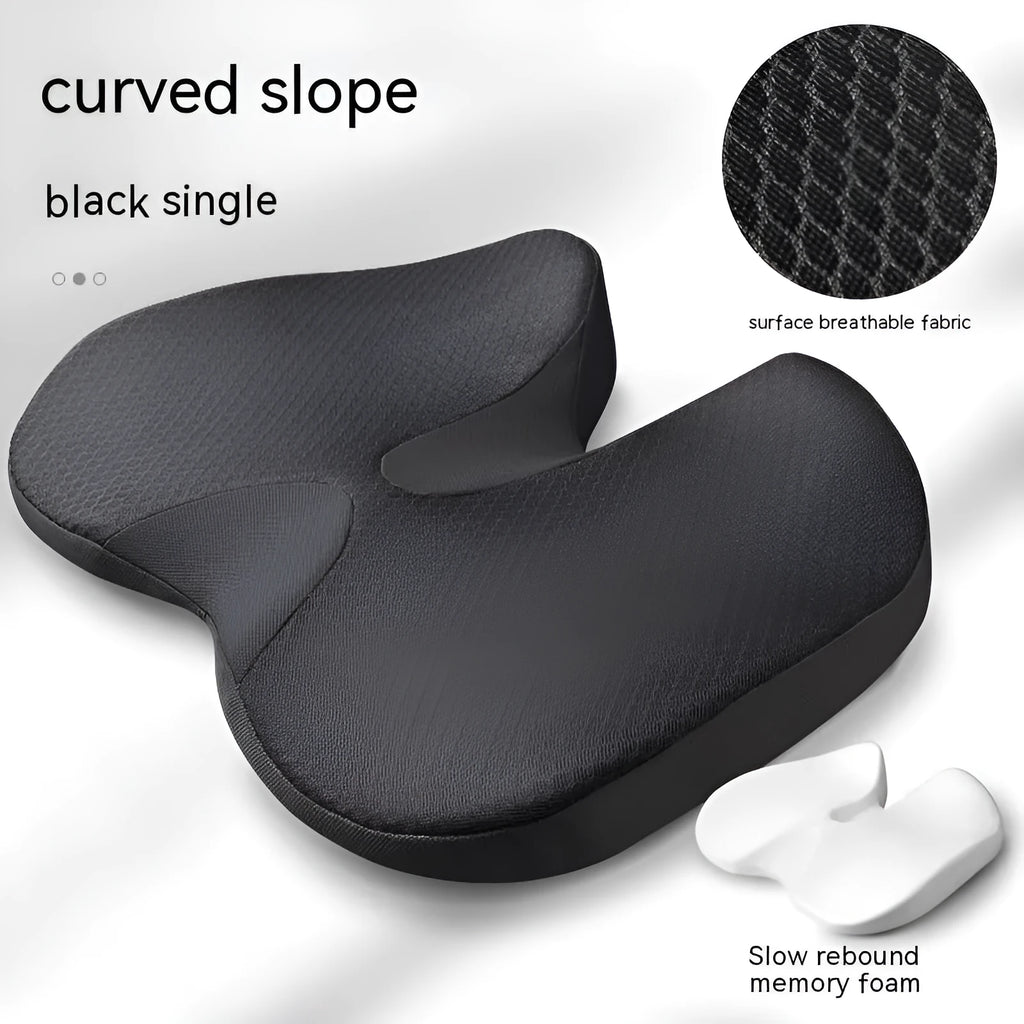 Curved bevel seat cushion with memory foam core for tailbone support during driving
