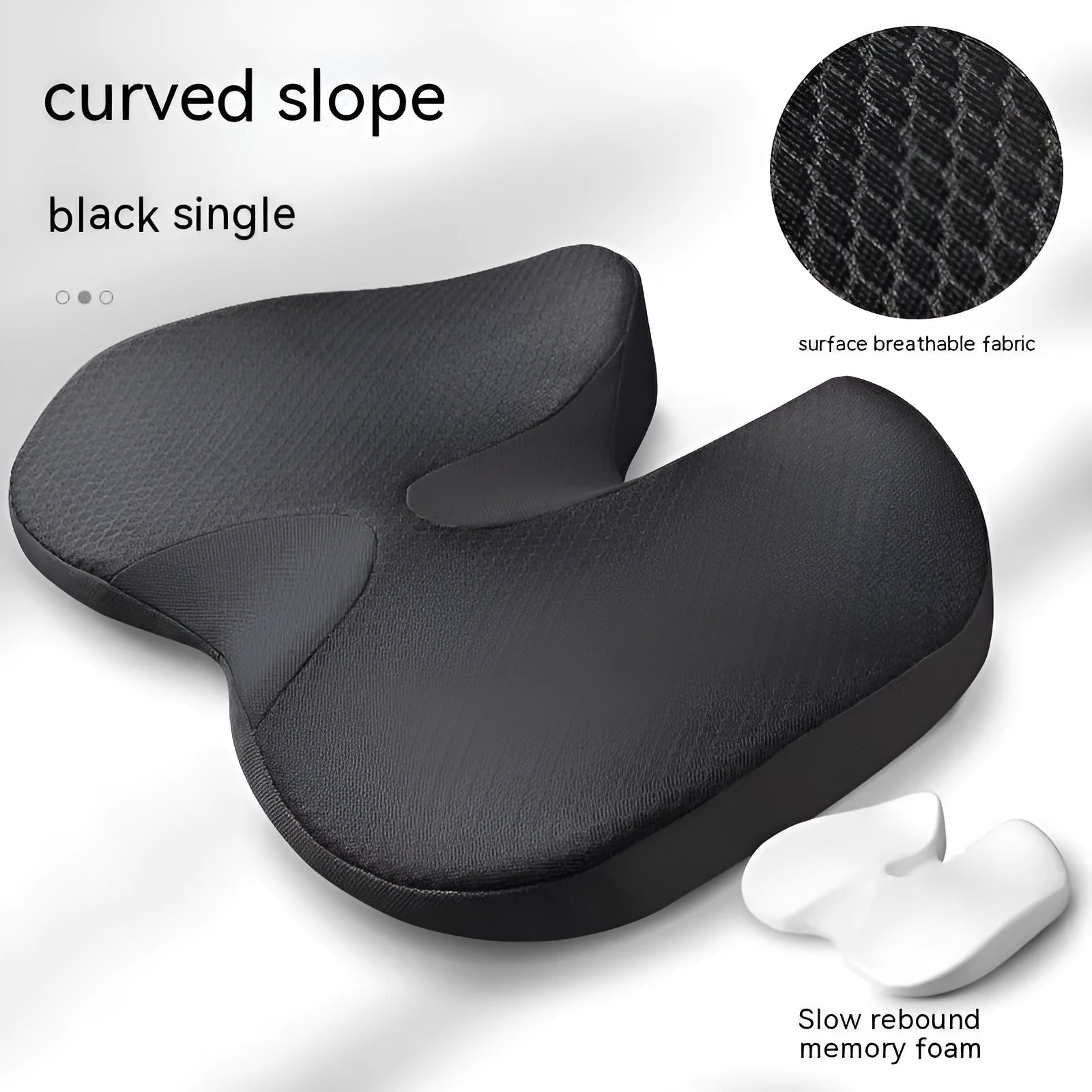 Curved bevel seat cushion with memory foam core for tailbone support during driving