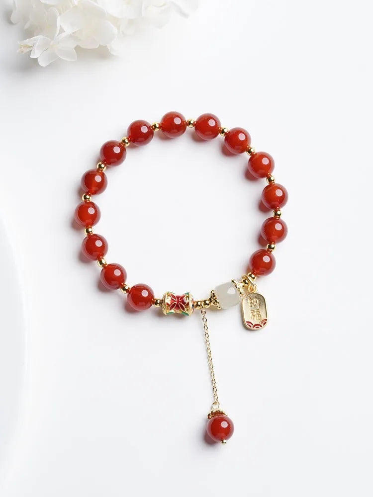 Natural crystal red agate bead bracelet with gold plating finish for women, single circle style on white background
