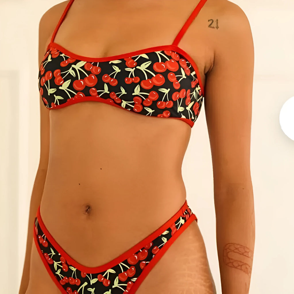 Cherry print tube top bikini swimsuit for women in polyester with floral pattern, front view
