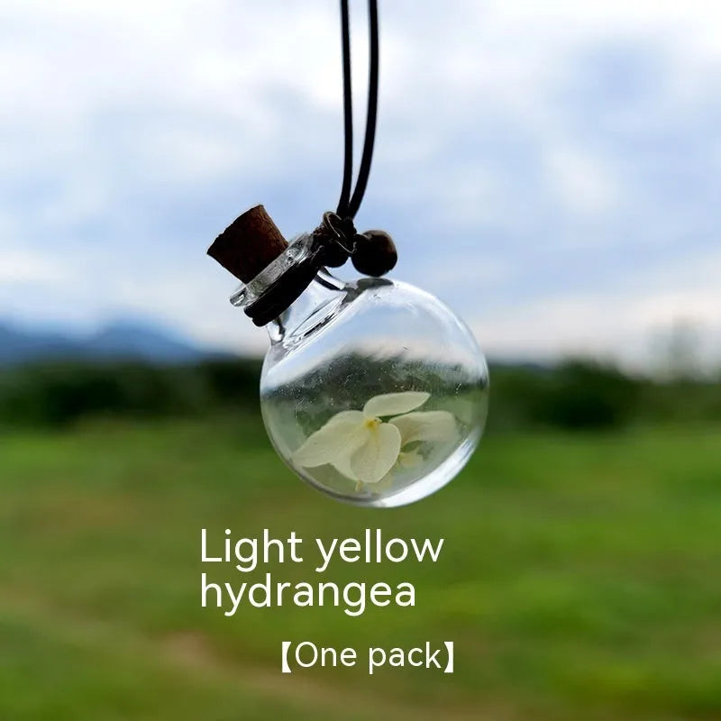 Glass fire extinguisher shaped pendant with preserved hydrangea flowers for car interior decoration