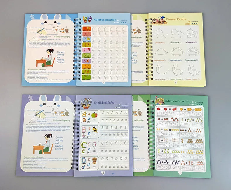 Reusable magic stylus copybook set with groove tracking, four A5 cardboard books, one pen, and four refills