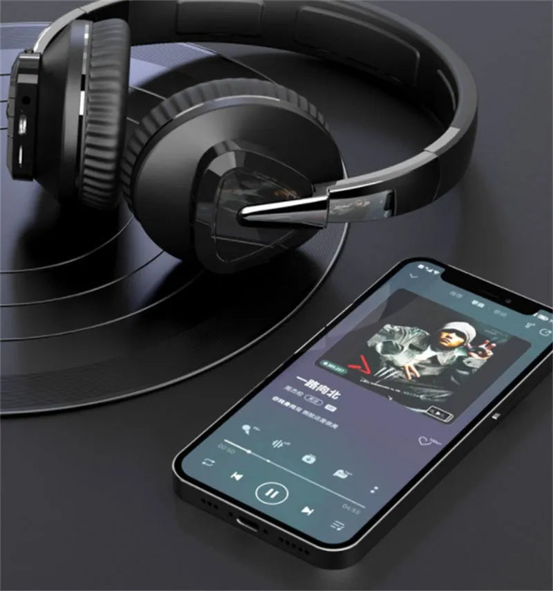 H3 wireless stereo over-ear headset in black with Bluetooth 5.0, 10-metre range, and AUX/TF card connectivity