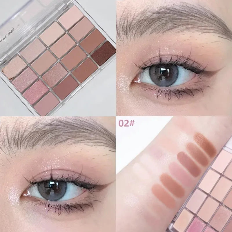 16 colour eyeshadow plate with shimmer and matte finishes in pink and brown shades